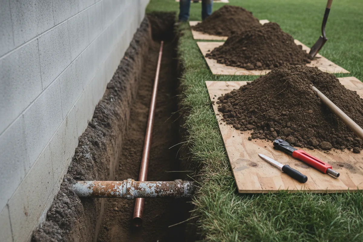 Excavated water line trench during Water Heater Repair in Lorton
